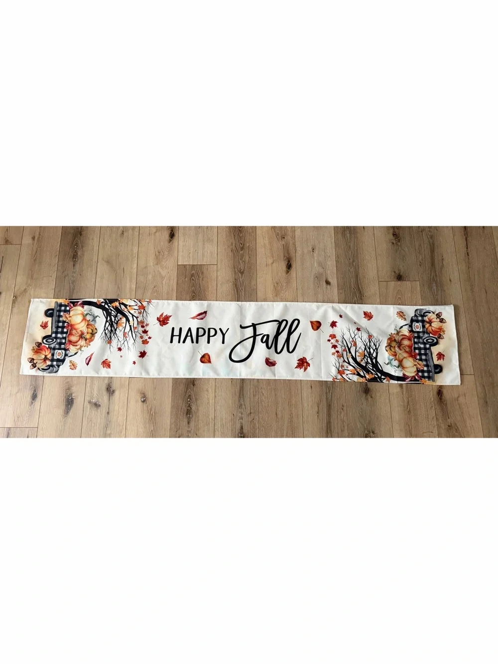 Happy Fall Table Runner – Pumpkin Buffalo Check Truck Autumn Decor